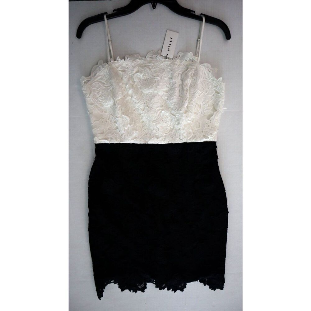Milly Women's Sz 6 White/Black 3d Floral Lace Spaghetti-Strap Sheath Dress